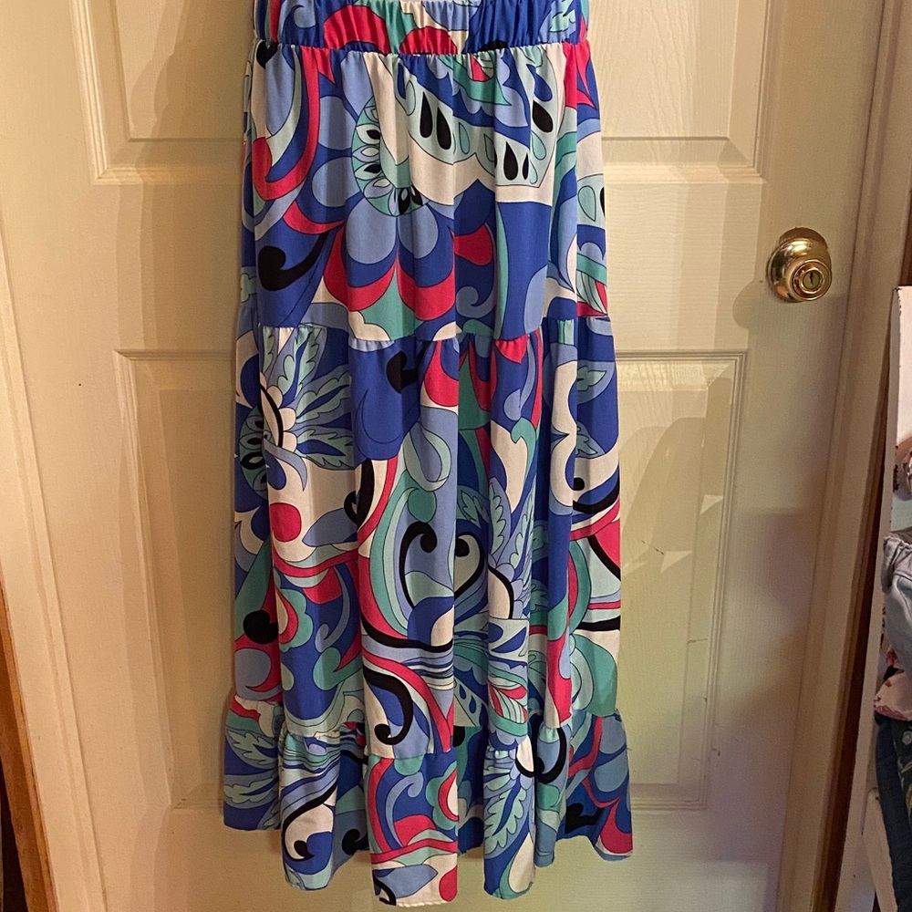 Bold Blue Floral Print Tiered Maxi Skirt